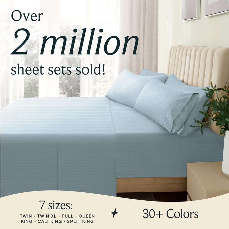 Zunatero 6PC Queen Striped Sheet Set – 18" Deep Pocket Microfiber, Light Blue