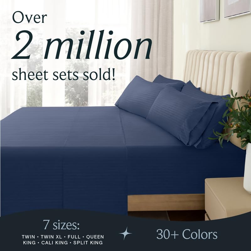Zunatero 6PC Queen Sheet Set – Striped Design, 18" Deep Pocket, Striped Navy