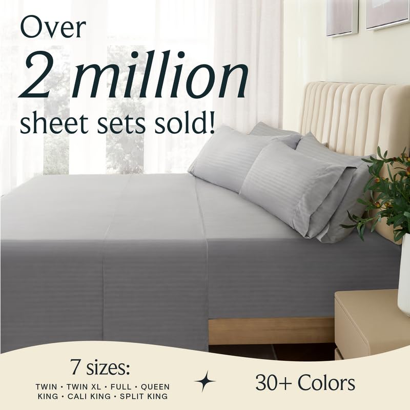 Zunatero 6PC King Striped Sheet Set – 18" Deep Pocket Microfiber, Light Grey
