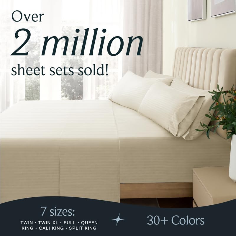 Zunatero 6PC Queen Striped Sheet Set – 18" Deep Pocket Microfiber, Cream