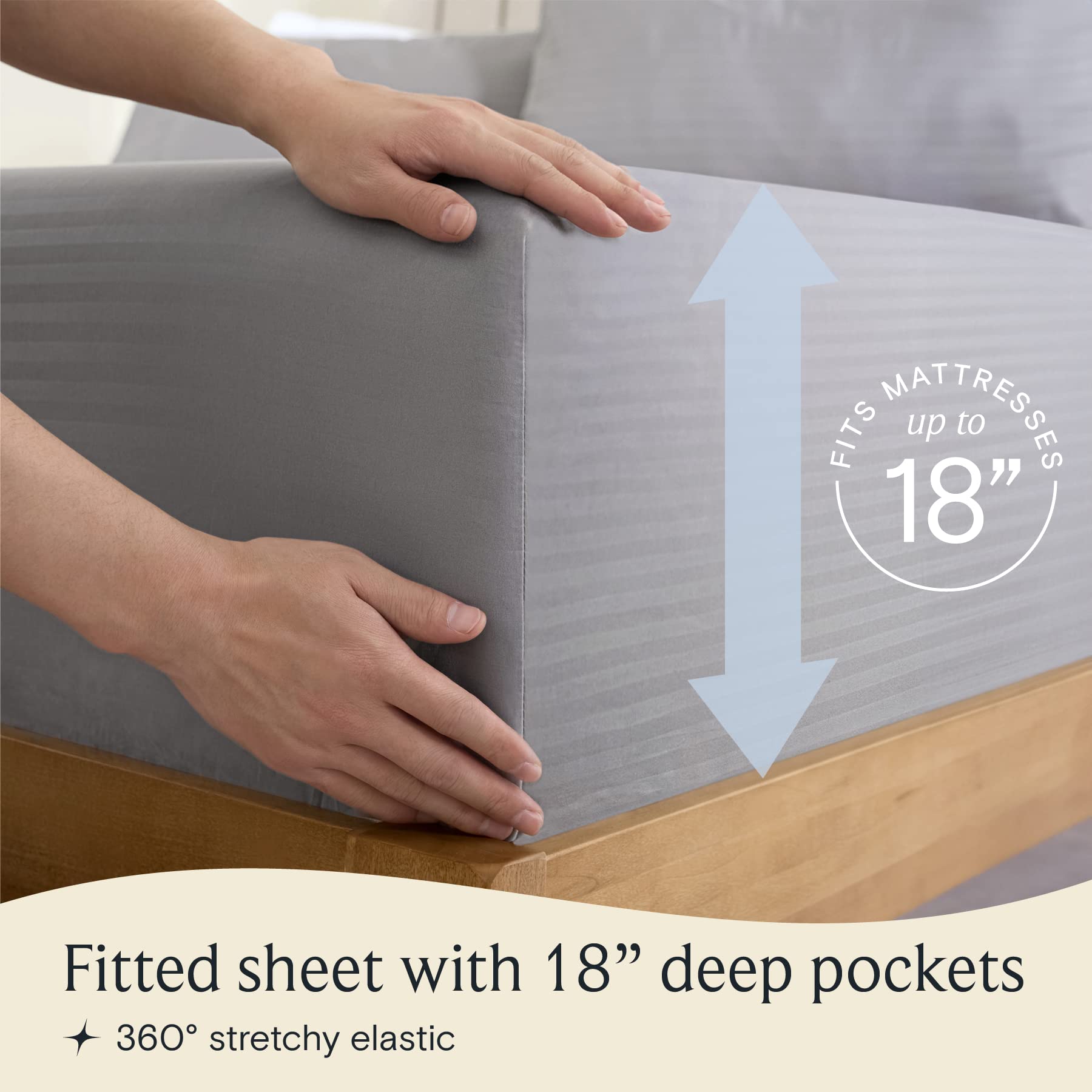 Zunatero 6PC King Striped Sheet Set – 18" Deep Pocket Microfiber, Light Grey
