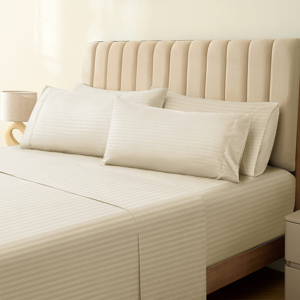 Zunatero 6PC Queen Striped Sheet Set – 18" Deep Pocket Microfiber, Cream