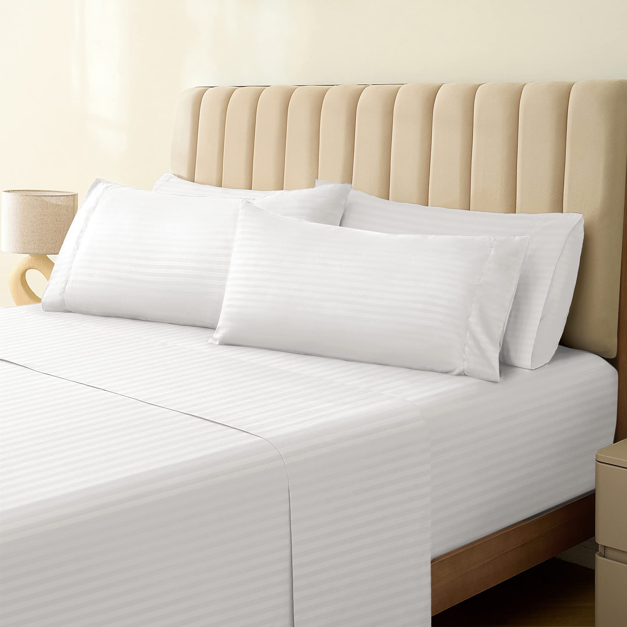 Zunatero 6PC King Striped Sheet Set – 18" Deep Pocket Microfiber, White