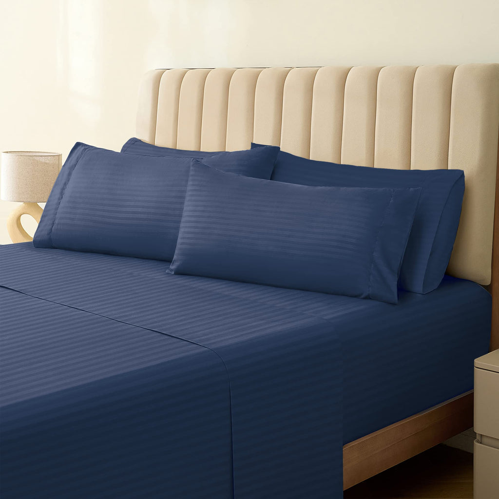 Zunatero 6PC Queen Sheet Set – Striped Design, 18" Deep Pocket, Striped Navy