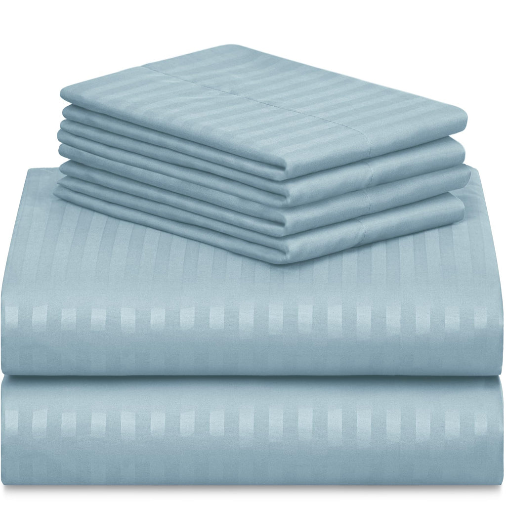 Zunatero 6PC Queen Striped Sheet Set – 18" Deep Pocket Microfiber, Light Blue