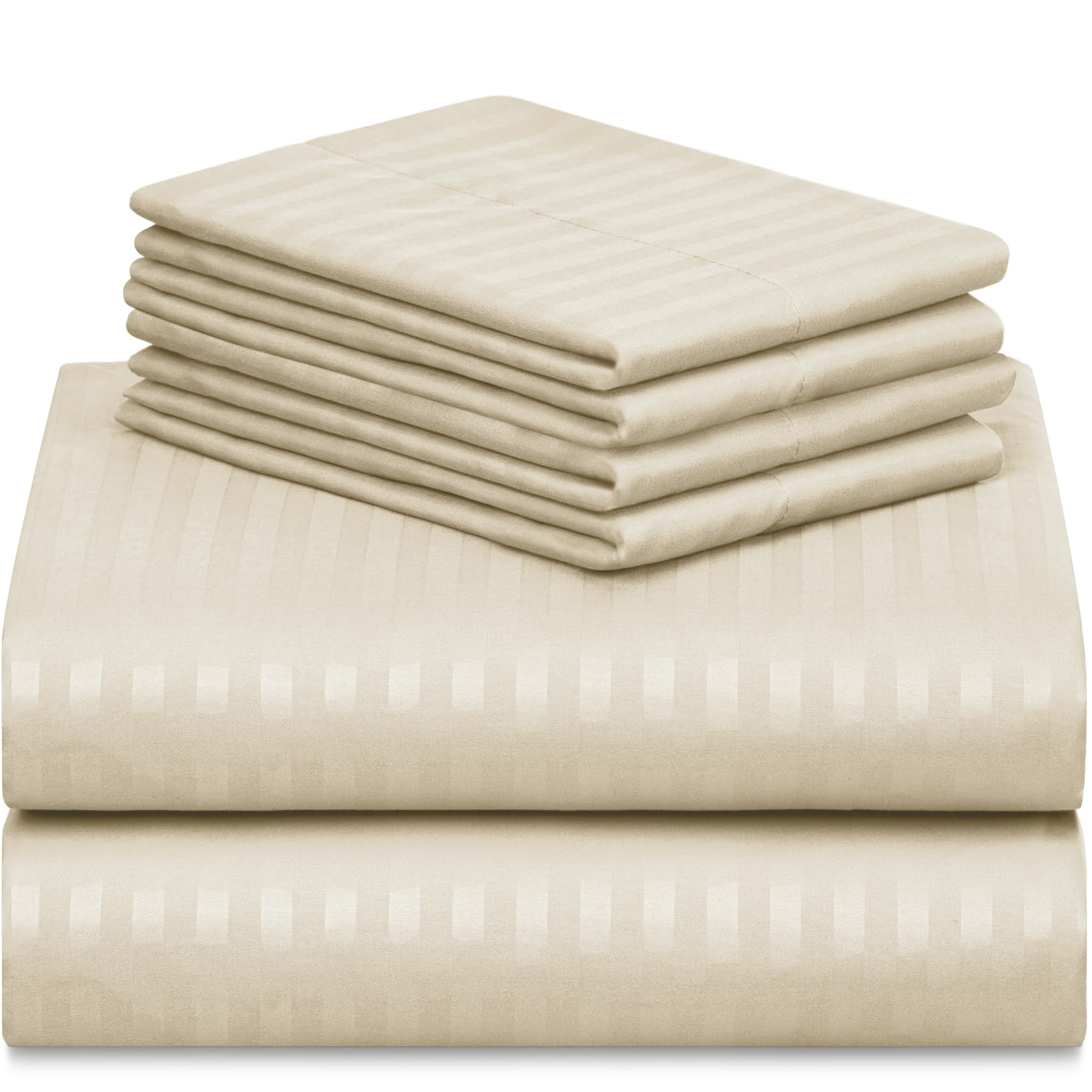 Zunatero 6PC Queen Striped Sheet Set – 18" Deep Pocket Microfiber, Cream