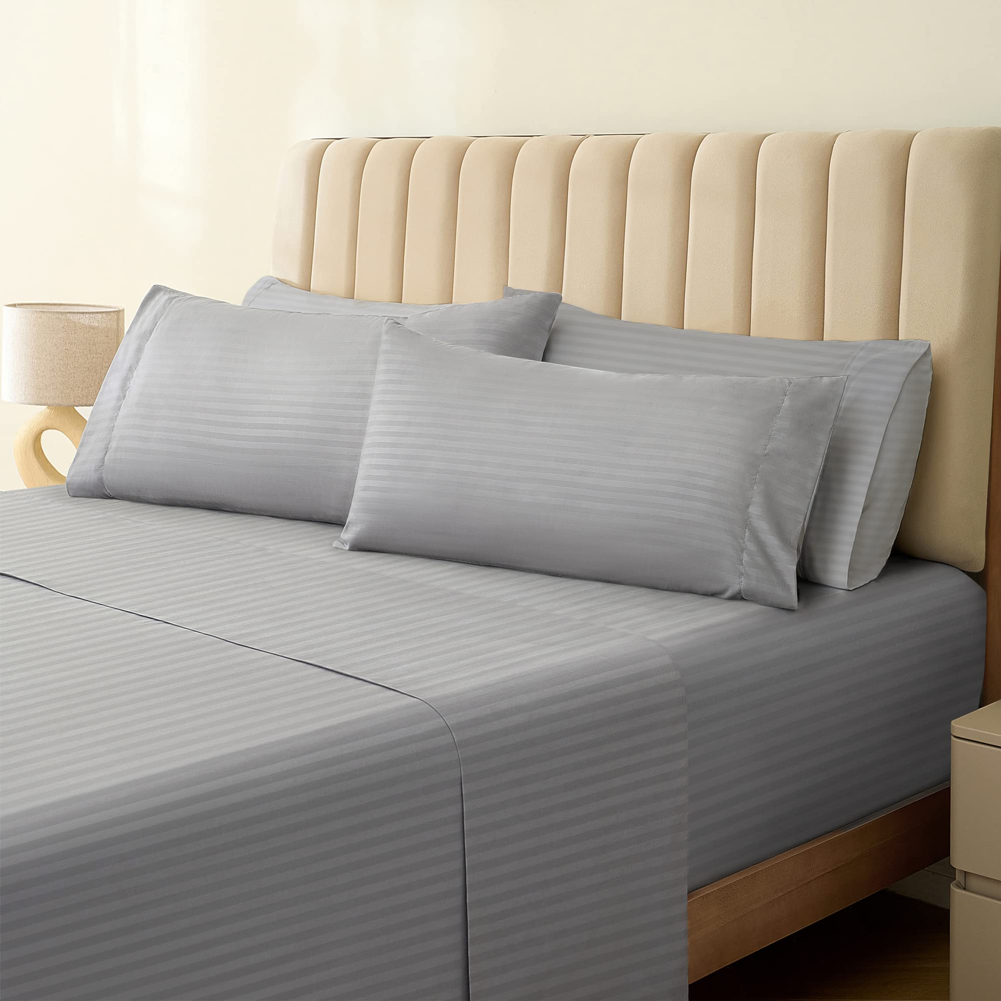 Zunatero 6PC King Striped Sheet Set – 18" Deep Pocket Microfiber, Light Grey