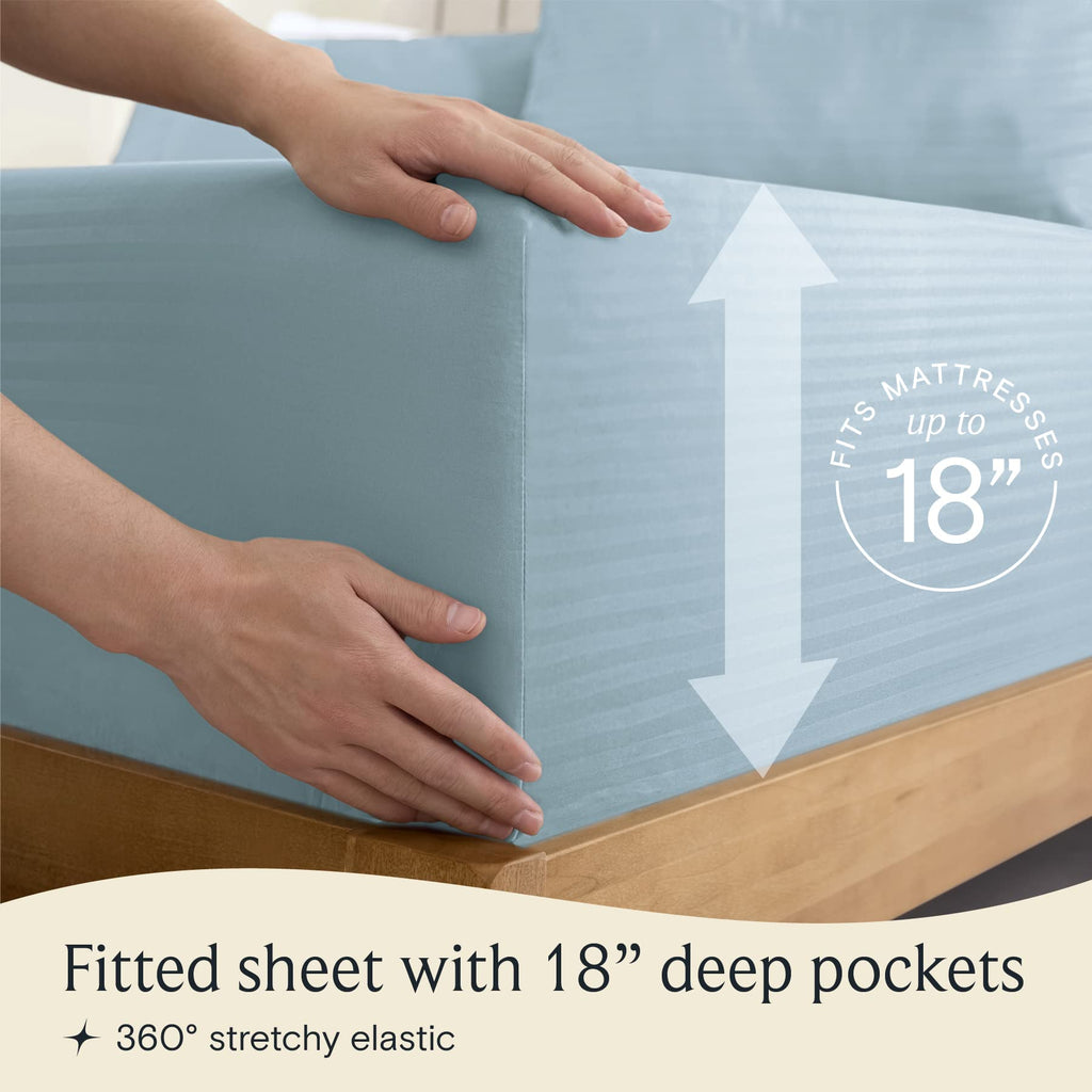 Zunatero 6PC Queen Striped Sheet Set – 18" Deep Pocket Microfiber, Light Blue