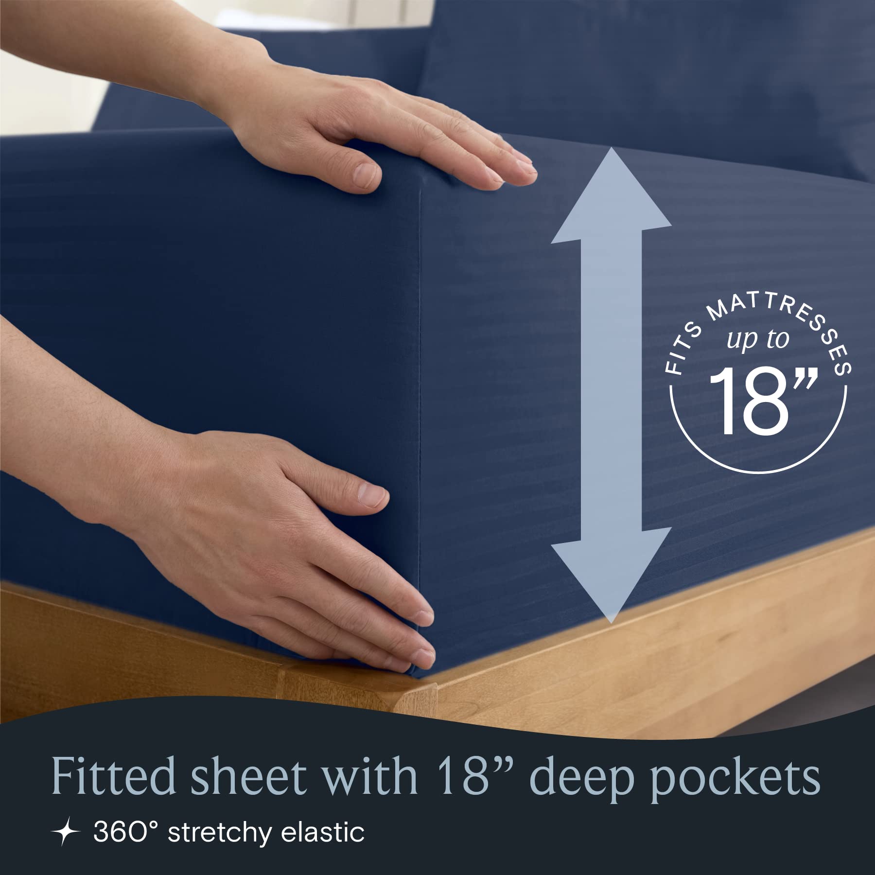 Zunatero 6PC Queen Sheet Set – Striped Design, 18" Deep Pocket, Striped Navy