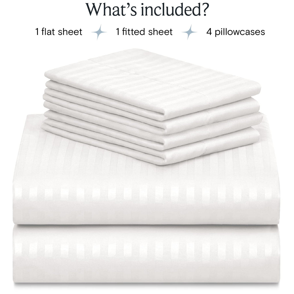 Zunatero 6PC King Striped Sheet Set – 18" Deep Pocket Microfiber, White