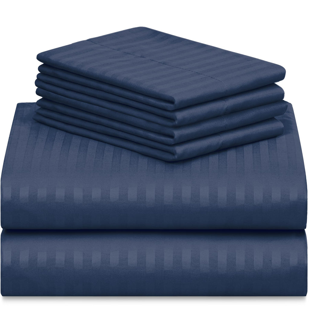 Zunatero 6PC Queen Sheet Set – Striped Design, 18" Deep Pocket, Striped Navy