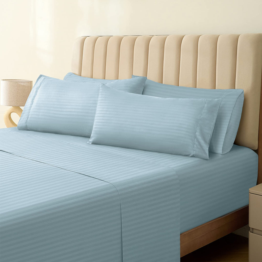 Zunatero 6PC Queen Striped Sheet Set – 18" Deep Pocket Microfiber, Light Blue