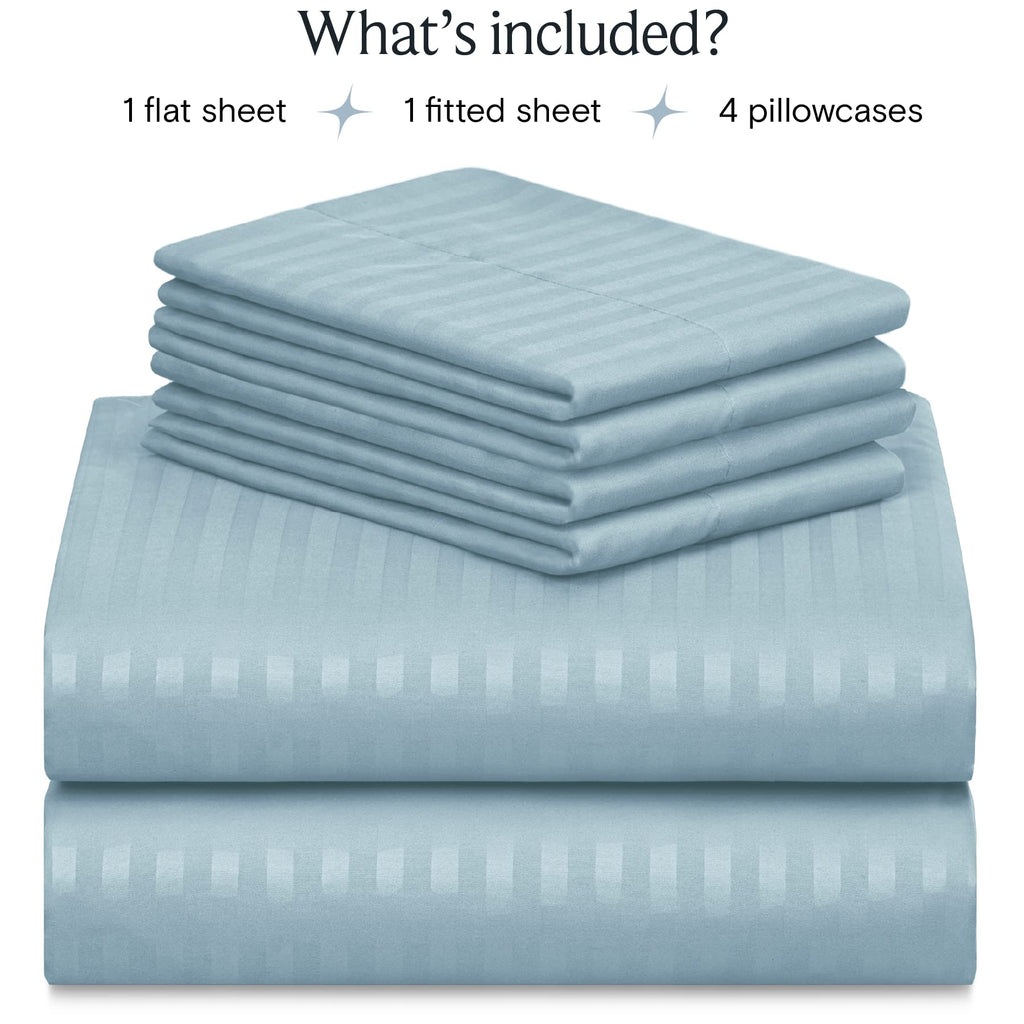 Zunatero 6PC Queen Striped Sheet Set – 18" Deep Pocket Microfiber, Light Blue