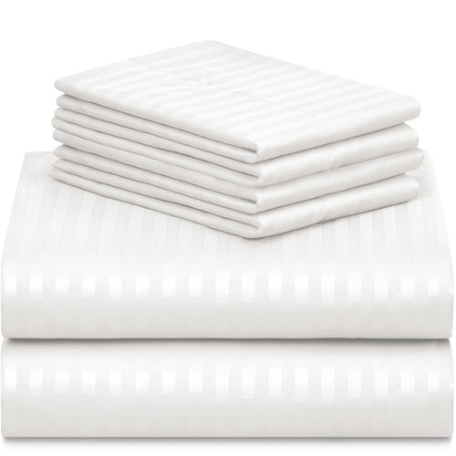 LuxClub 6PC King Striped Sheet Set – 18" Deep Pocket Microfiber, White
