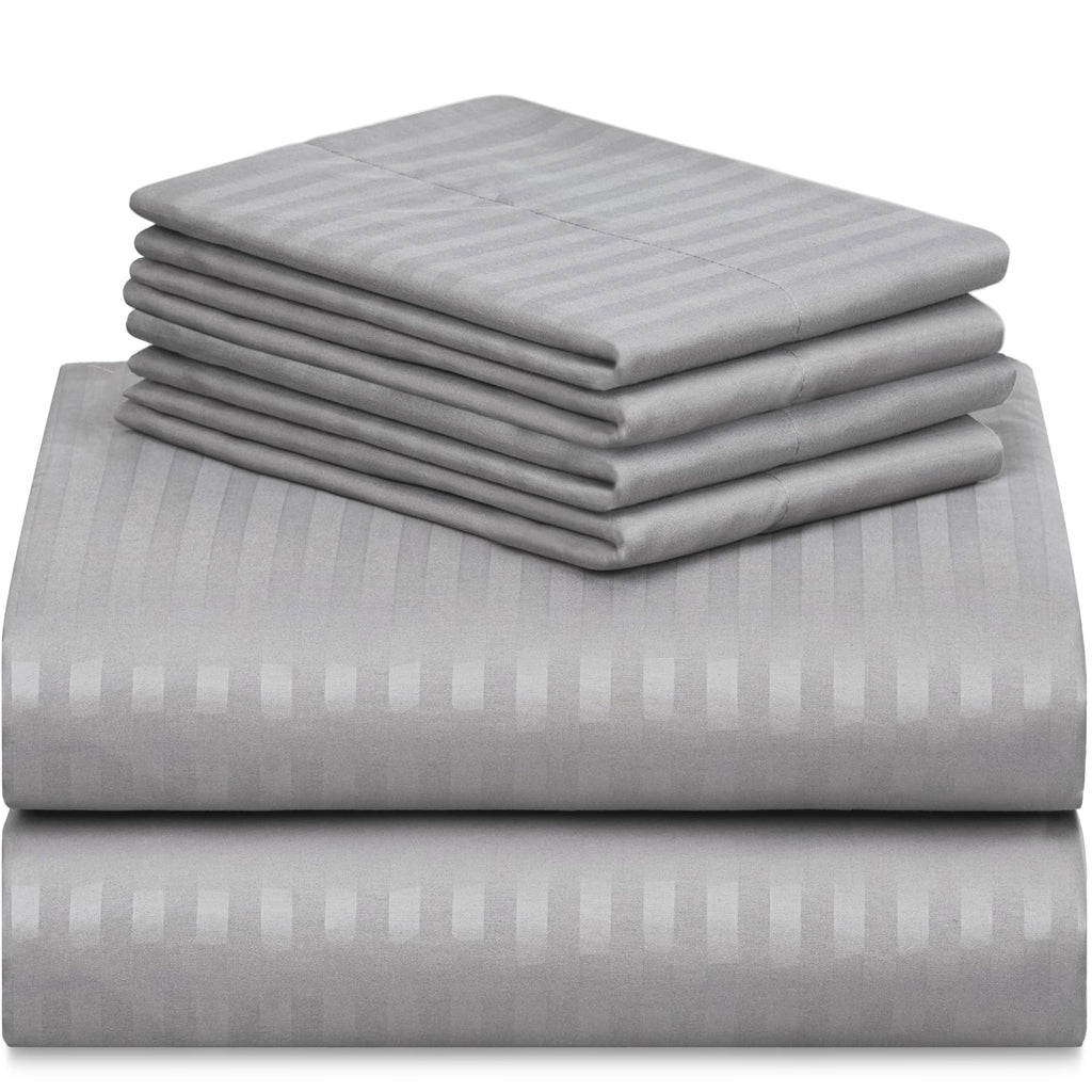 Zunatero 6PC King Striped Sheet Set – 18" Deep Pocket Microfiber, Light Grey