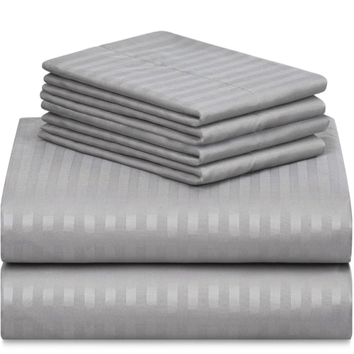 LuxClub 6PC King Striped Sheet Set – 18" Deep Pocket Microfiber, Light Grey