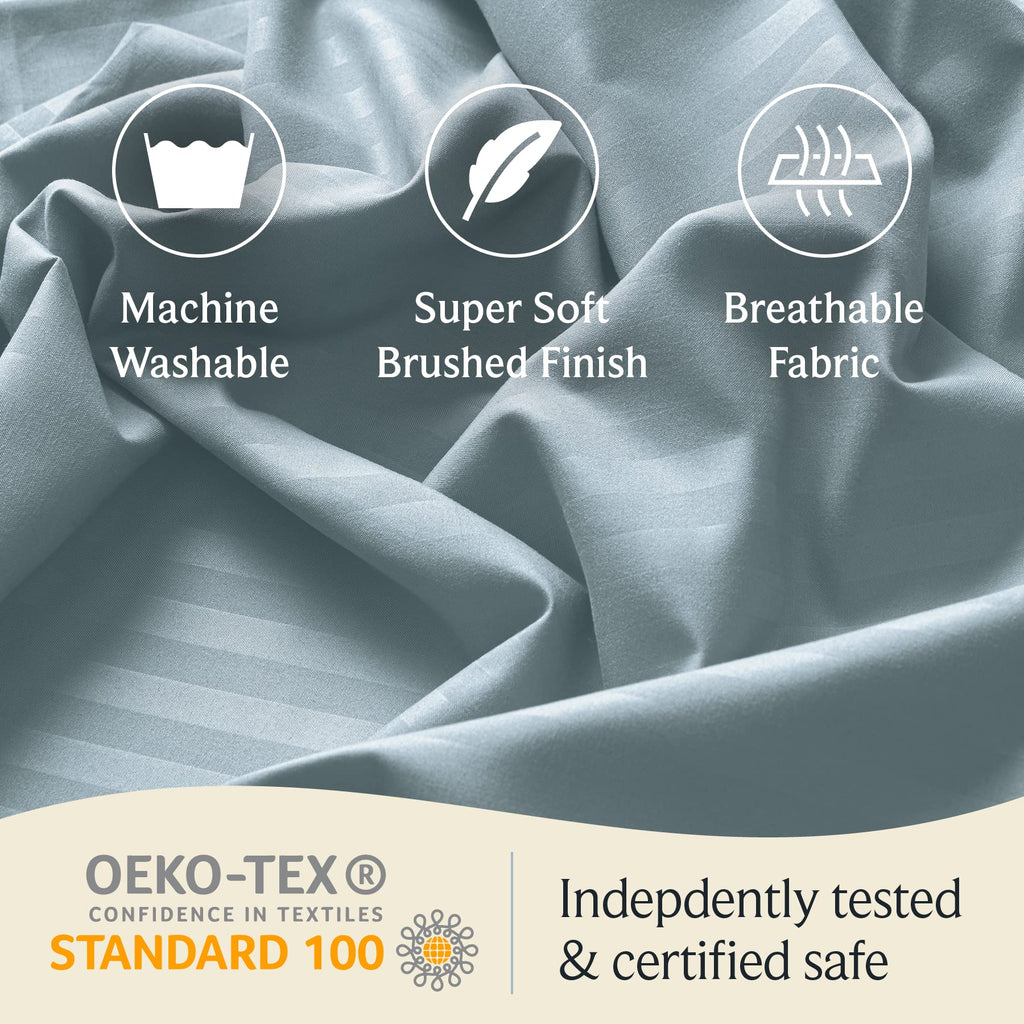 Zunatero 6PC Queen Striped Sheet Set – 18" Deep Pocket Microfiber, Light Blue