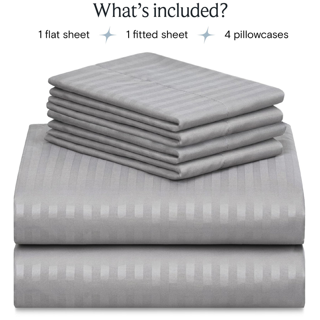 Zunatero 6PC King Striped Sheet Set – 18" Deep Pocket Microfiber, Light Grey